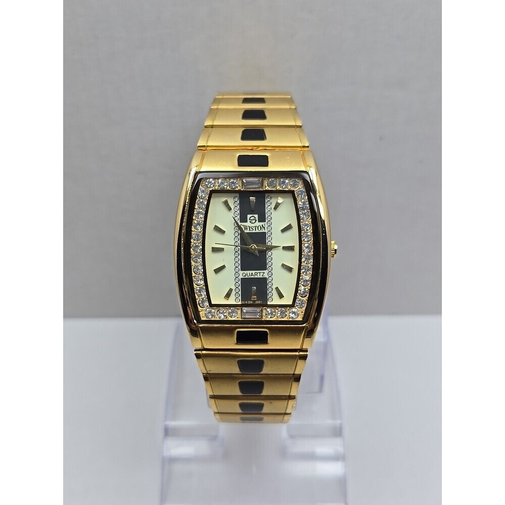 Swiston SW2001M Mens 18K Electro Plated Gold Crystal Tank Watch New Battery